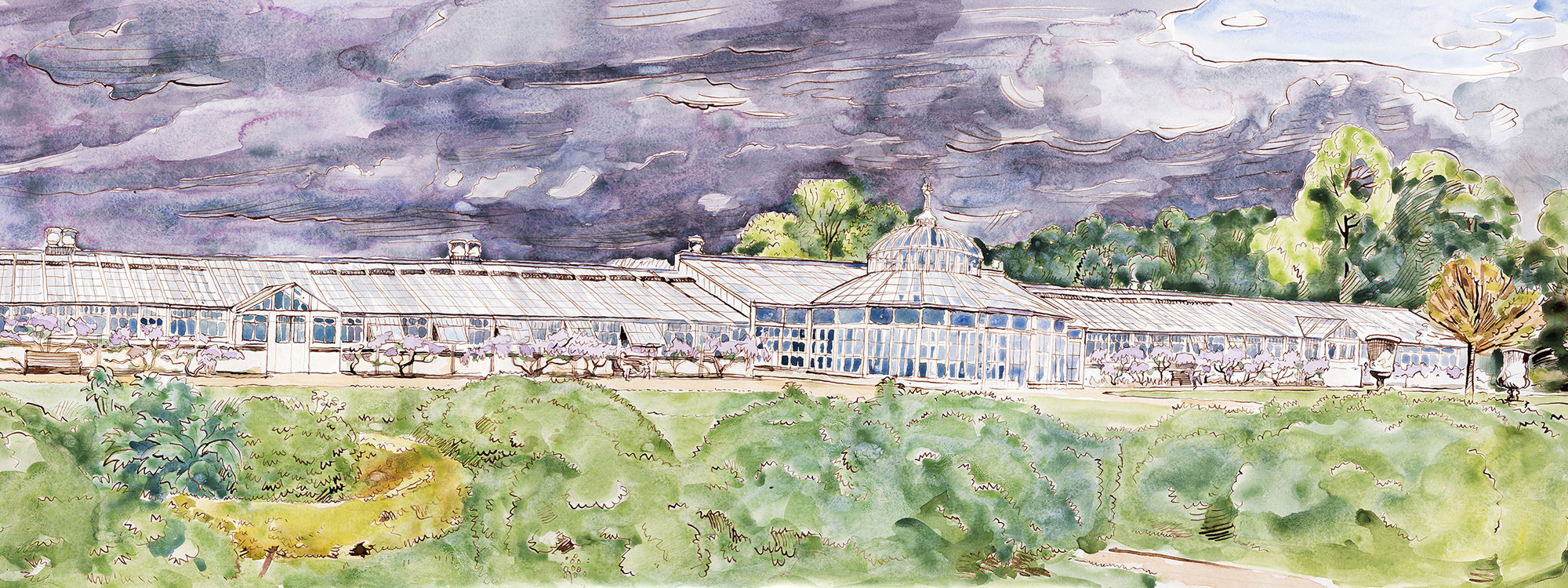 Victor Lunn-Rockliffe, Scroll No 38 (extract), Chiswick House and looming storm, pen & ink and watercolour, 2021