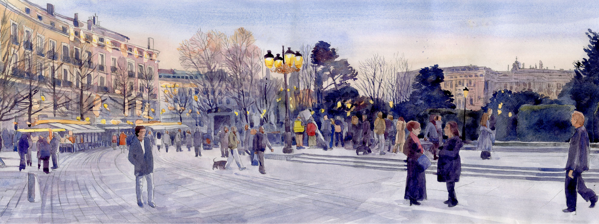 Victor Lunn-Rockliffe, Scroll No 89 (extract), Madrid - View from outside Teatro Real, pencil and watercolour, 2025