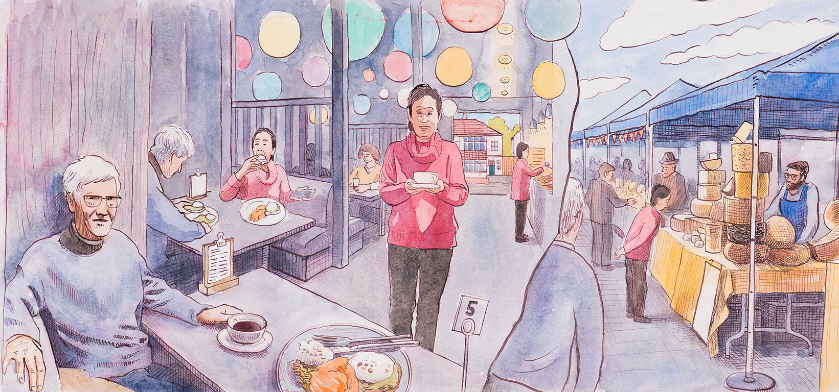 Victor Lunn-Rockliffe, Scroll No. 61 (extract), Chiswick Cheese Market, pen and ink and watercolour, 2023