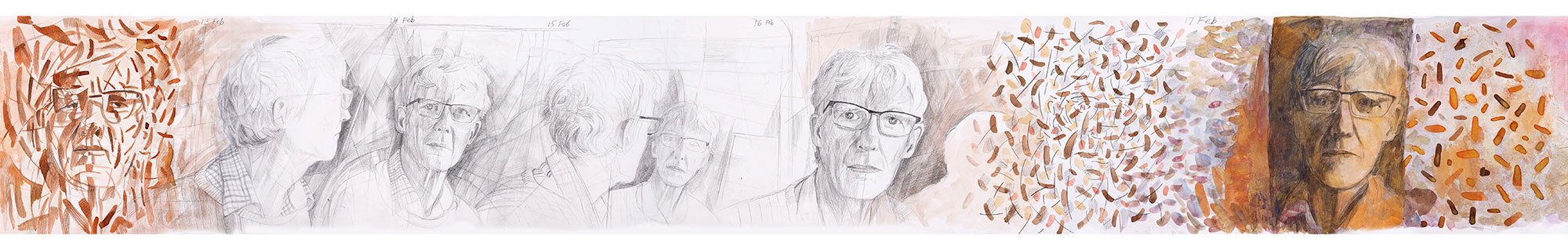 Self portrait sequence into abstraction (extract from Scroll No 4), Pencil, Pen and Ink and watercolour, 210 x 35 cms, 2017 Self portrait sequence into abstraction (extract from Scroll No 4), Pencil, Pen and Ink and watercolour, 210 x 35 cms, 2017