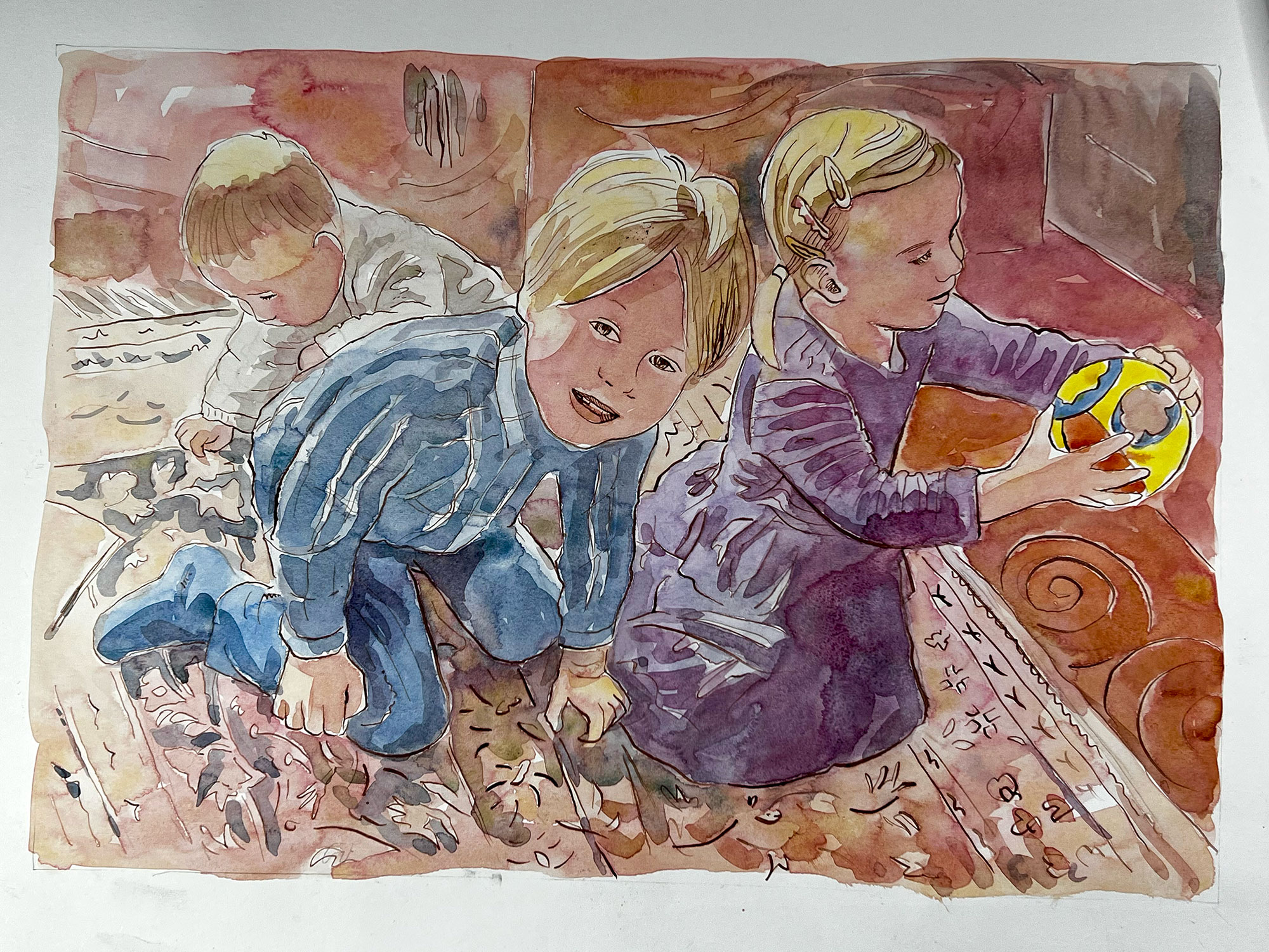 Playing on the Carpet, pen and watercolour Playing on the Carpet, pen and watercolour