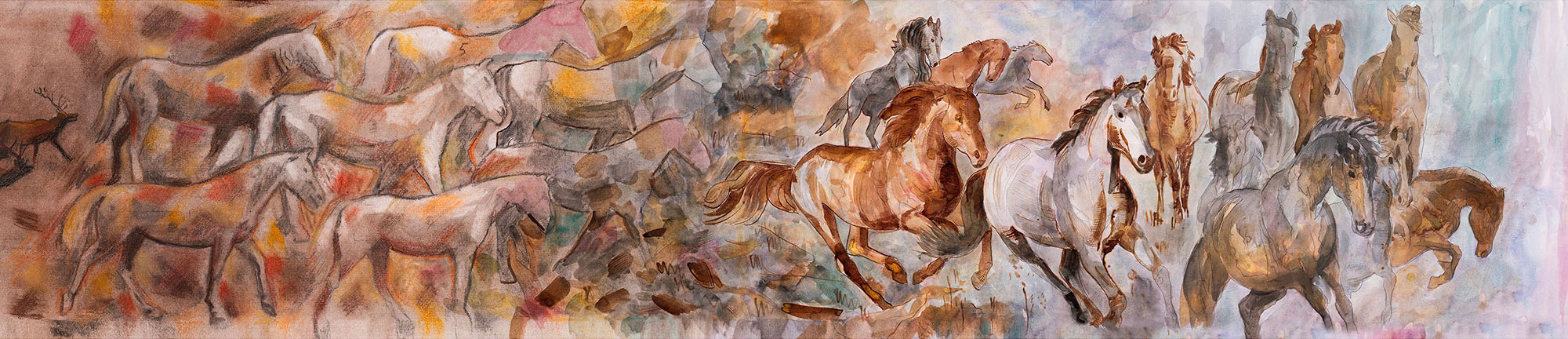 Horses transforming on the run (extract from Scroll No 47), 2022, 160x40cms, mixed media Horses transforming on the run (extract from Scroll No 47), 2022, 160x40cms, mixed media