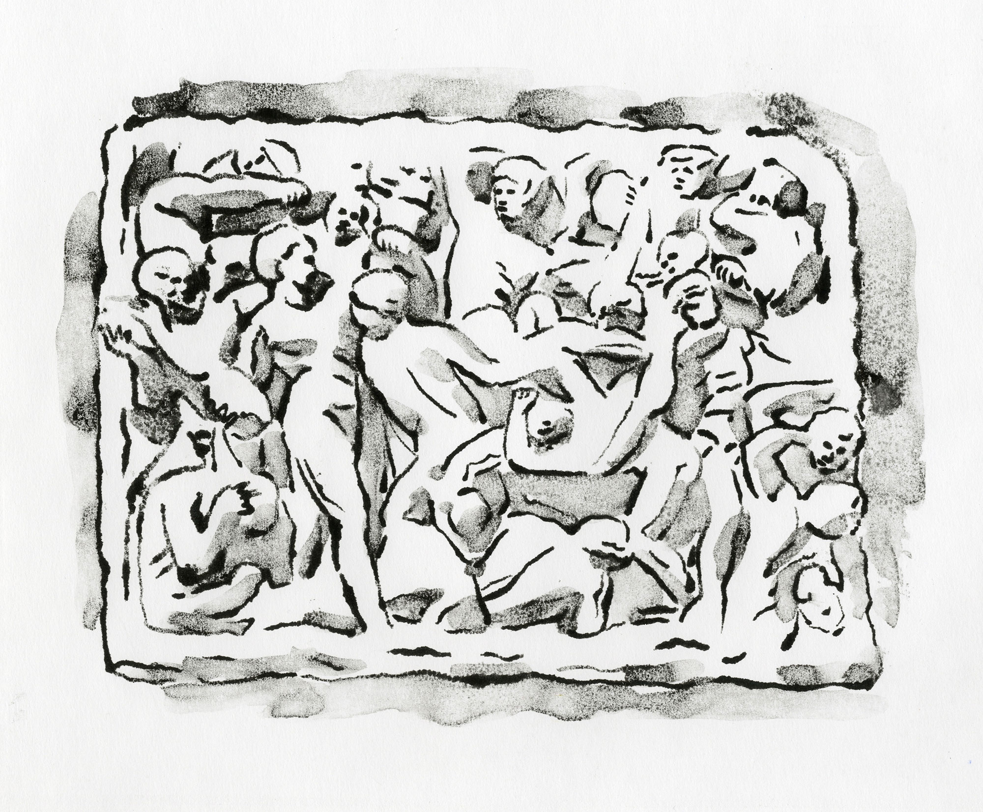 After Michaelangelo’s Battle of the Centaurs, 2025, Monoprint After Michaelangelo’s Battle of the Centaurs, 2025, Monoprint