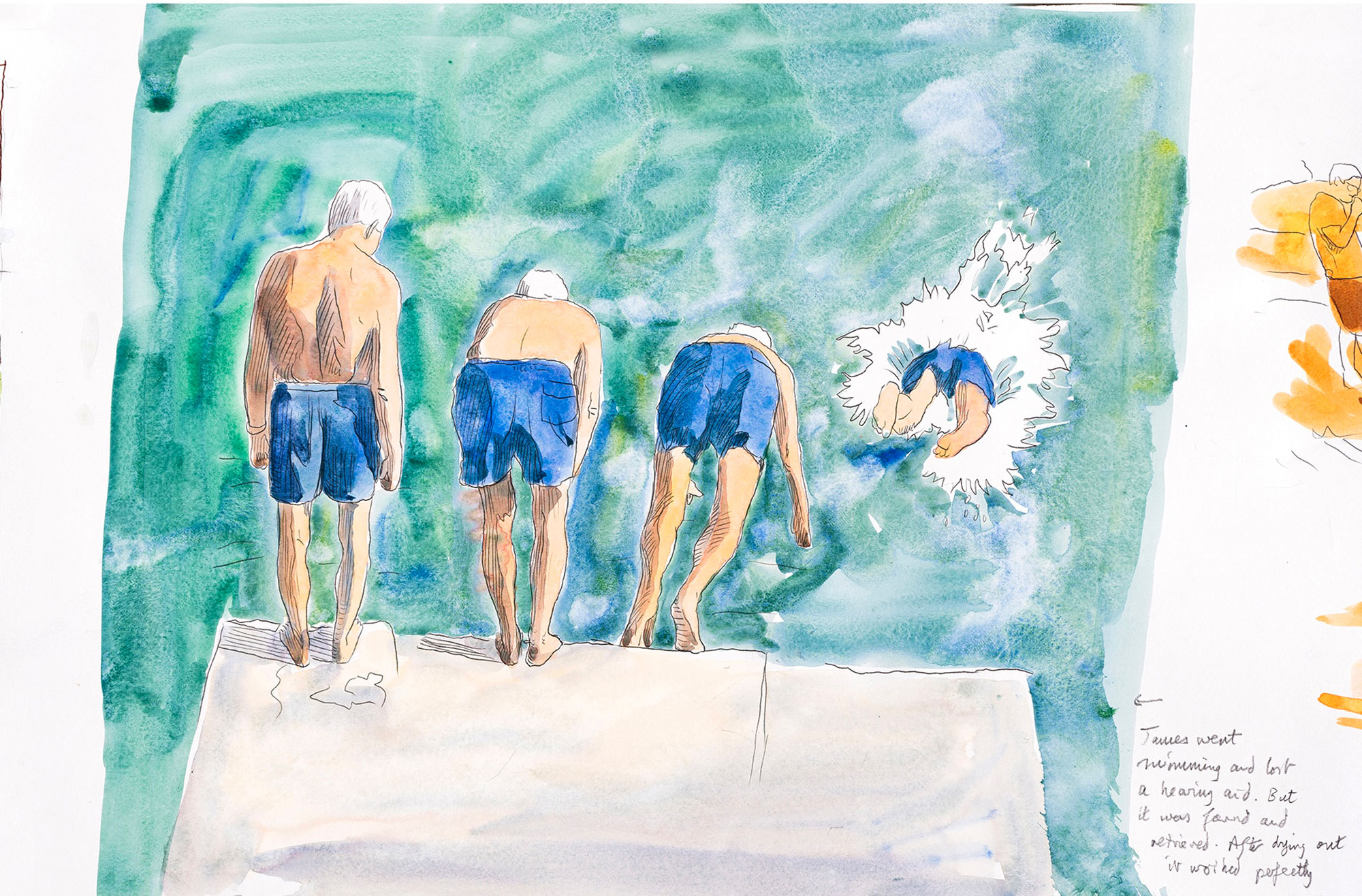 Diving (extract from scroll No 42), 2021, 45x40cms, pen and ink and watercolour Diving (extract from scroll No 42), 2021, 45x40cms, pen and ink and watercolour