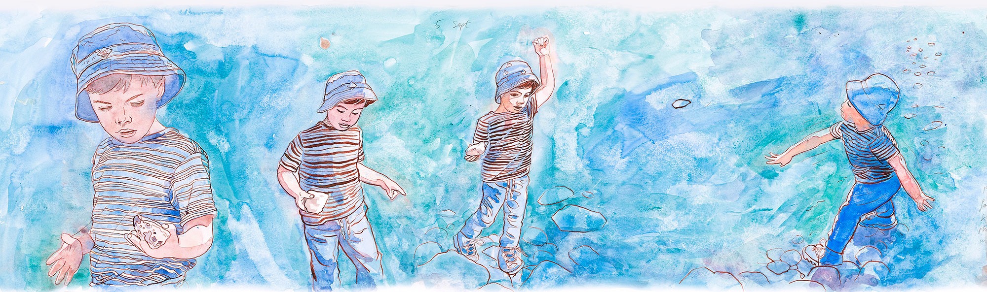 Matthew throwing a rock (extract from Scroll No 20), 2017, 110x33cms, Pen and Ink and watercolour Matthew throwing a rock (extract from Scroll No 20), 2017, 110x33cms, Pen and Ink and watercolour