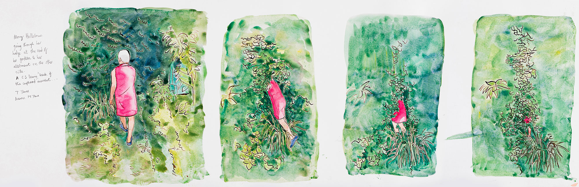 Pushing through a hedge (extract from scroll No 39), 2021, 100 x 33 cms, pen and ink and watercolour Pushing through a hedge (extract from scroll No 39), 2021, 100 x 33 cms, pen and ink and watercolour