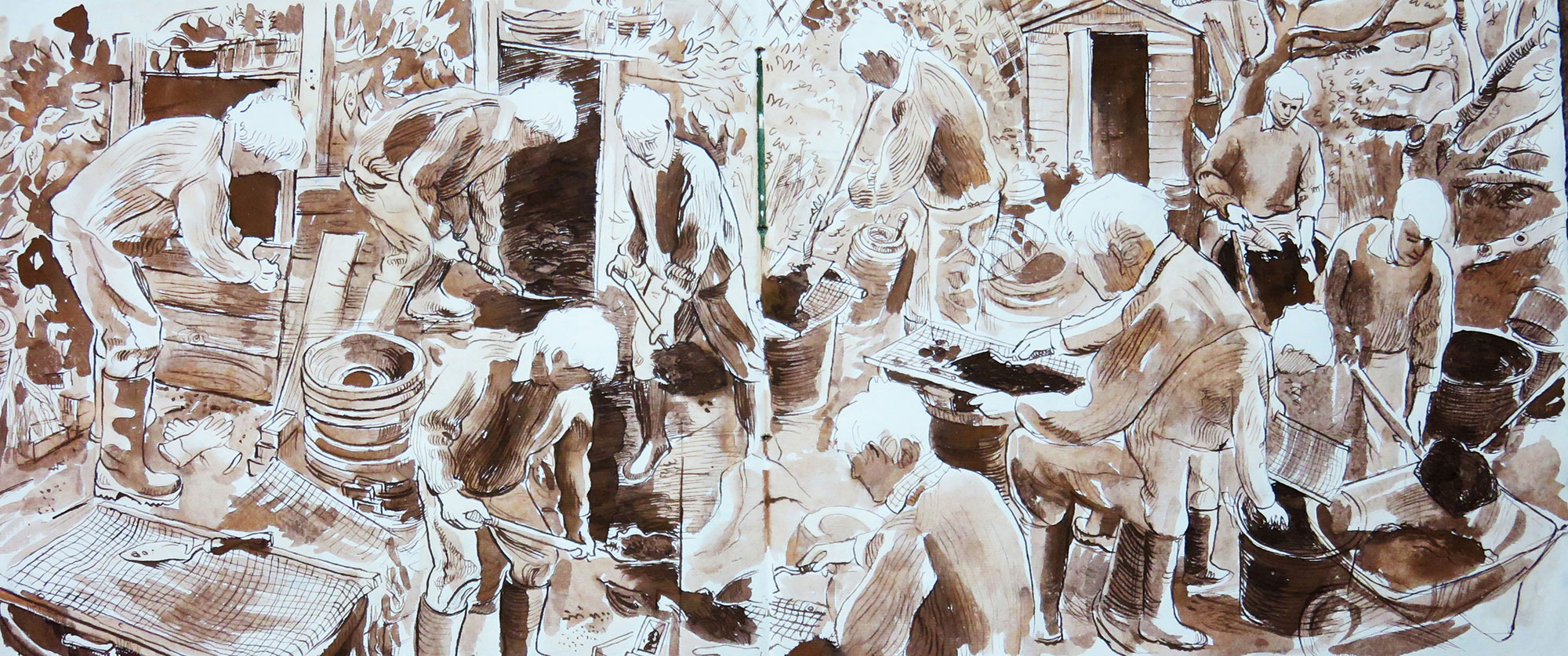 Shovelling compost, 2017, A3 sketchbook double page, pencil, pen and ink and watercolour Shovelling compost, 2017, A3 sketchbook double page, pencil, pen and ink and watercolour