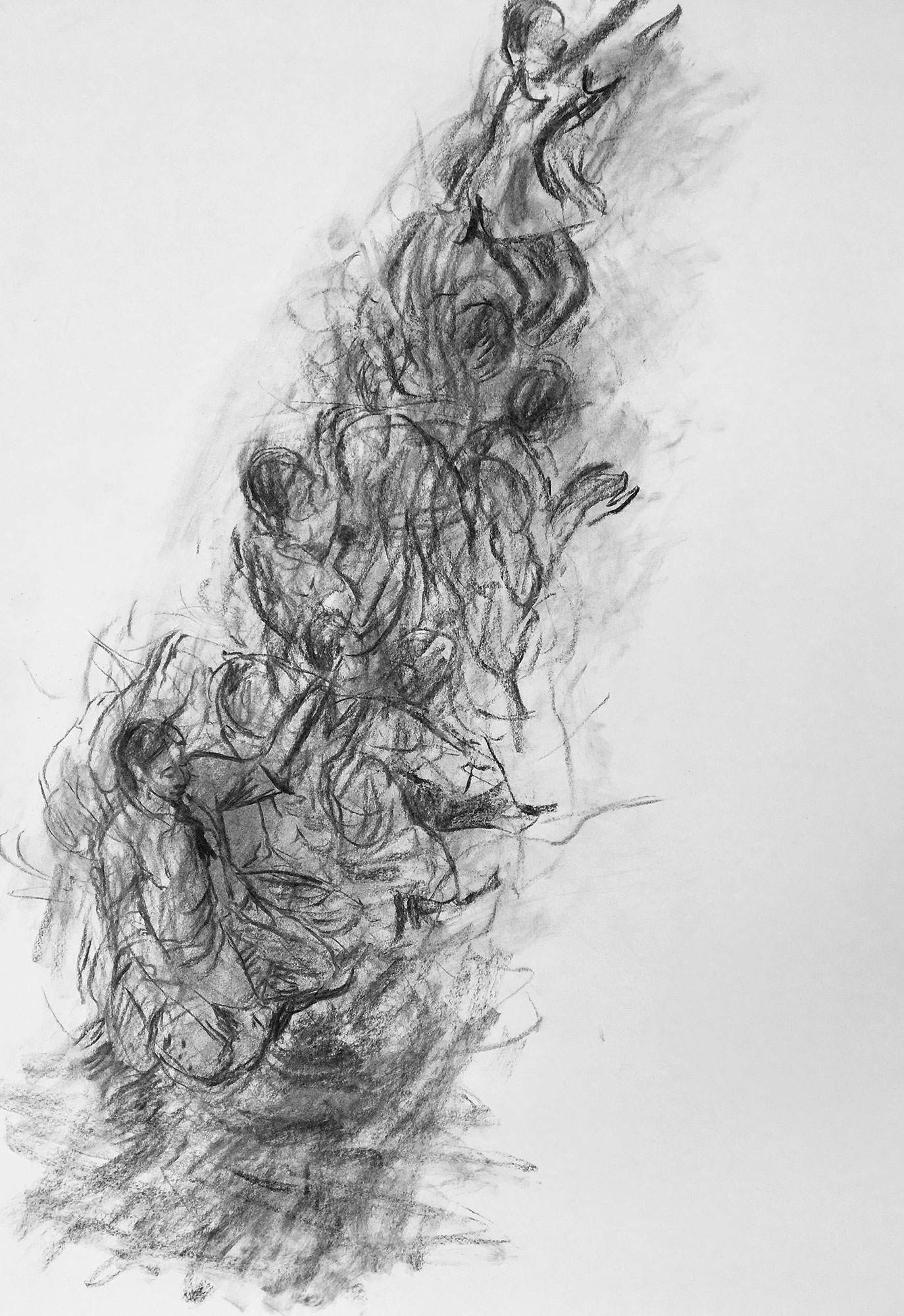 Spiralling figures, 2018, A3, charcoal Spiralling figures, 2018, A3, charcoal